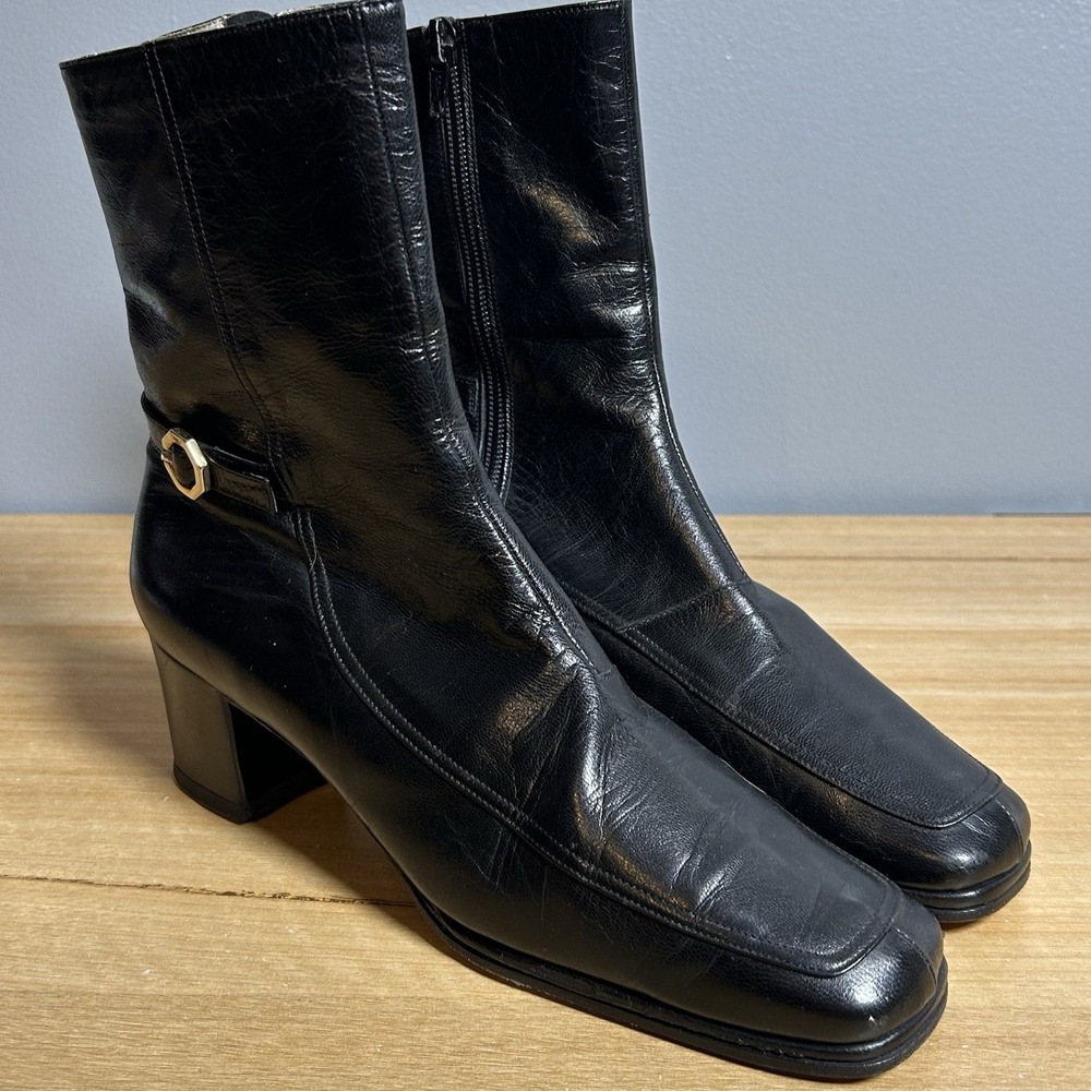 Givenchy Vintage Black Leather Gold Buckle Chunky Block Square Toe Ankle Boots